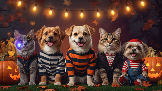 Group of dogs and cats wearing funny Halloween costumes (Chucky, spider, pirate, prisoner, deadly doll) with pumpkins and Halloween lights.