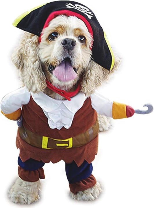 Small dog dressed in Pirate Costume with black pirate hat, red scarf, and hook hand β Halloween cosplay pet outfit.