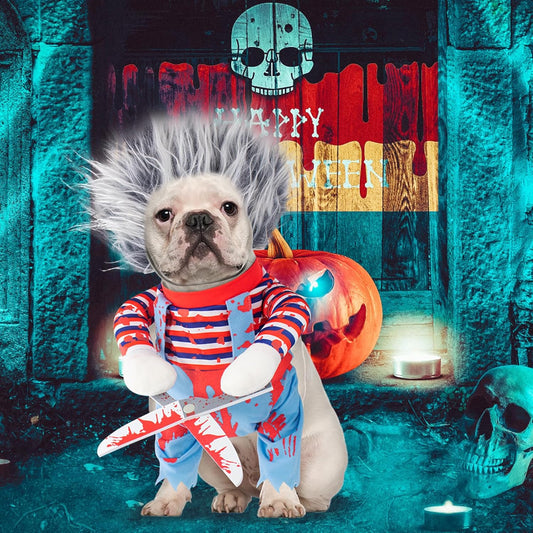 Dog in Deadly Halloween Costume posing with creepy red background β funny cosplay outfit for pets.