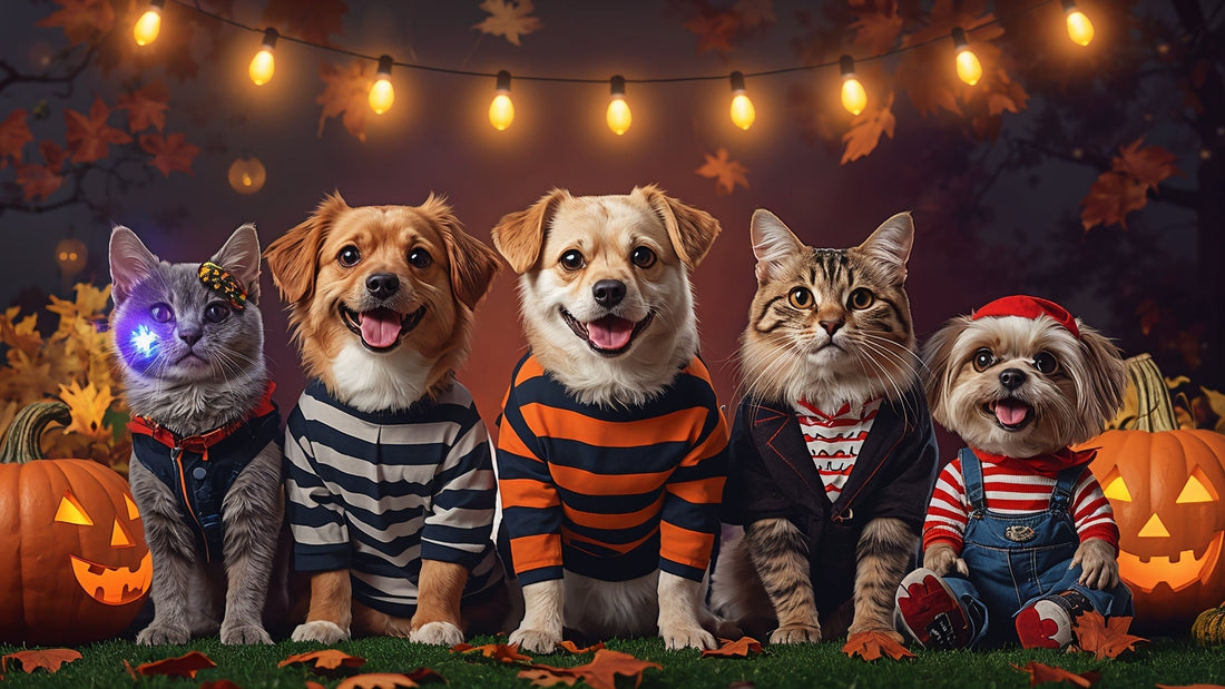 Group of dogs and cats wearing funny Halloween costumes (Chucky, spider, pirate, prisoner, deadly doll) with pumpkins and Halloween lights.