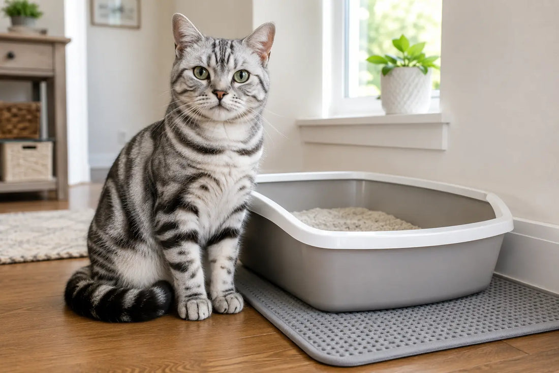 American Shorthair Silver Tabby sitting calmly beside a clean litter box in a bright modern home