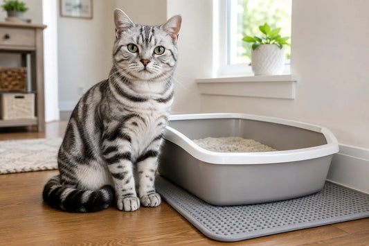 American Shorthair Silver Tabby sitting calmly beside a clean litter box in a bright modern home