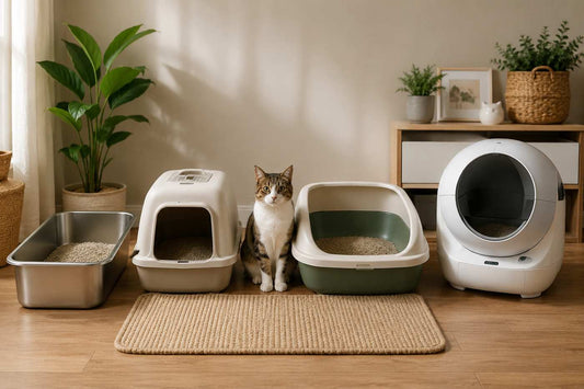 Best cat litter box types for odor control including stainless steel, covered, open, and self-cleaning litter boxes in a modern home setup