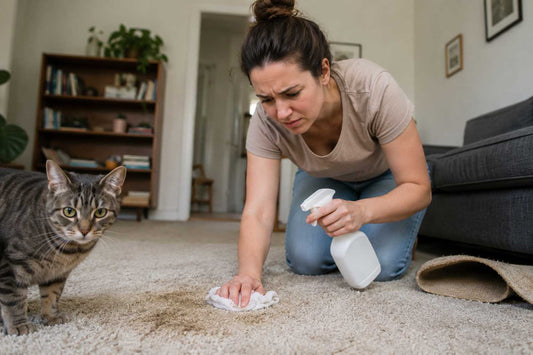Frustrated cat owner cleaning lingering cat urine odor from carpet in living room