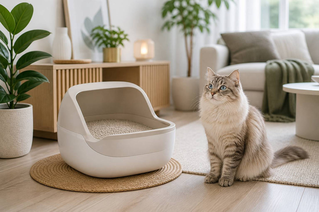 clean modern litter box with cat in bright cozy living room fresh odor free environment