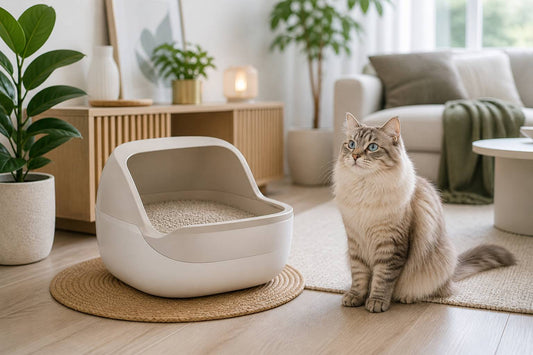 clean modern litter box with cat in bright cozy living room fresh odor free environment