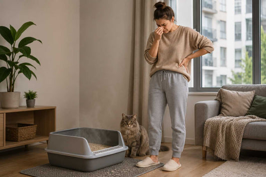 Woman frustrated by cat litter smell while standing near litter box in apartment