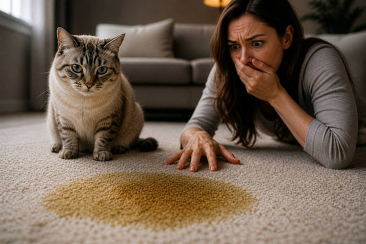 shocked woman reacting to cat urine stain on carpet with cat nearby