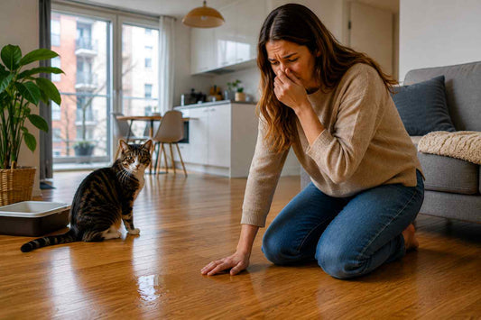 Frustrated cat owner cleaning cat pee smell from hardwood floor