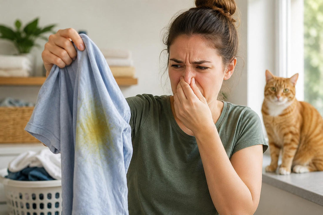 Woman reacting to cat pee smell on clothes with orange cat in background