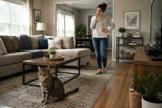 Brown tabby cat and owner noticing urine odor in a living room