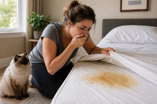 Frustrated cat owner discovering cat urine stain on bed