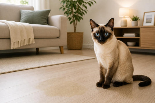 siamese cat sitting on living room floor with light urine stain clean minimal environment