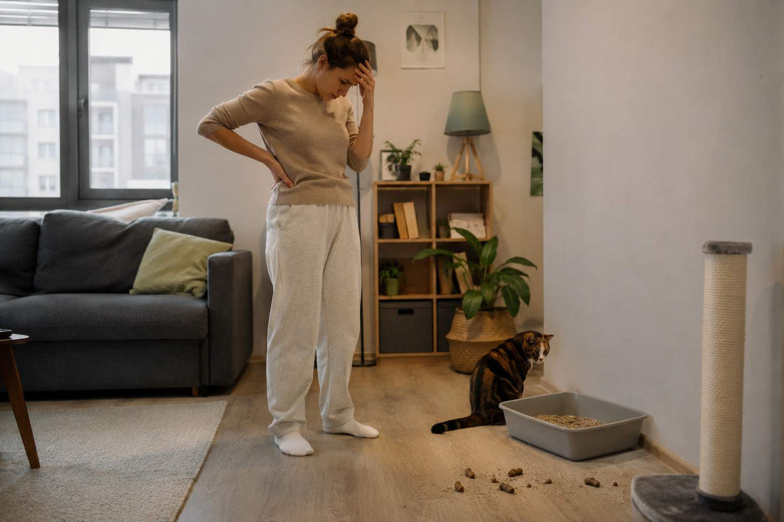 Frustrated cat owner standing near litter box after cat pooped on floor
