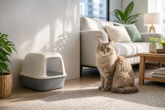 clean modern apartment with cat and litter box fresh environment no odor setup