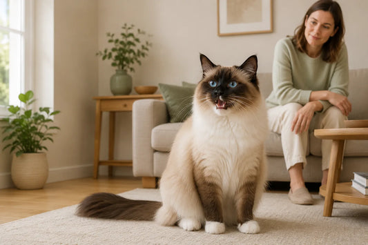 Adult seal-point Ragdoll cat meowing in a living room while its owner watches calmly.