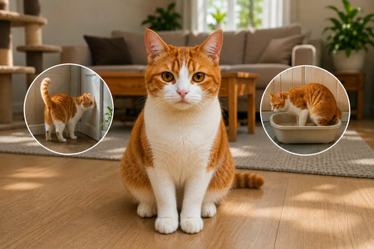 Cat spraying vs peeing comparison featuring an orange and white cat with side-by-side examples of territorial marking and litter box urination