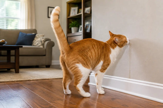 Orange and white domestic shorthair cat displaying spraying behavior against a living room wall in an American home