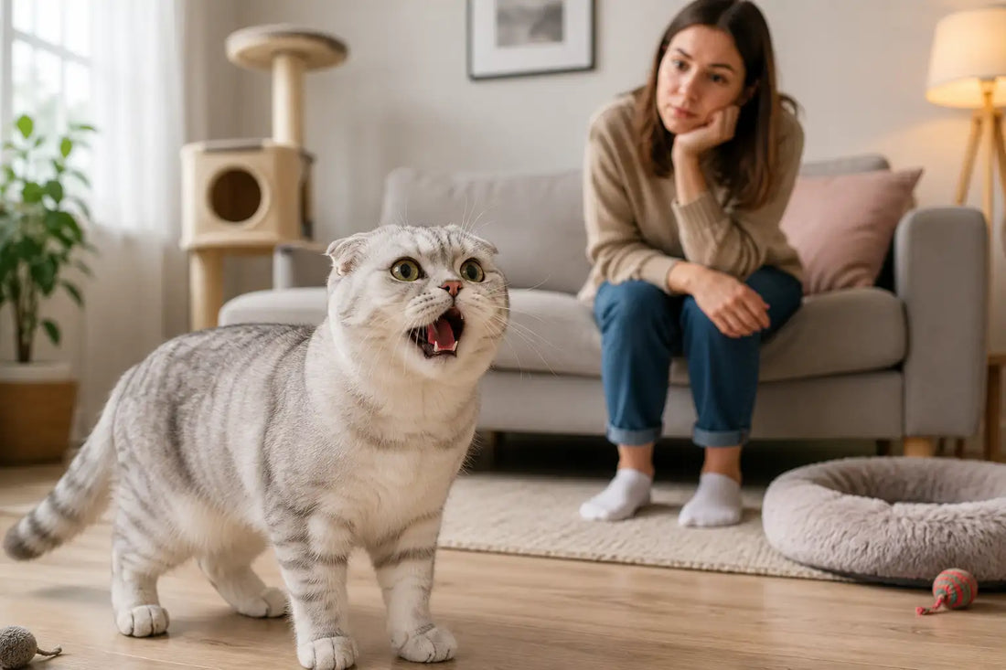 Scottish Fold cat suddenly meowing in a living room while its owner calmly observes the unexpected behavior.