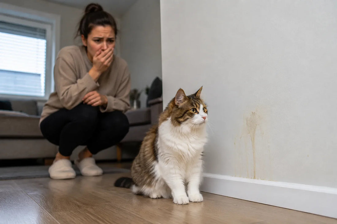 Female cat spraying near wall in apartment while owner notices strong odor