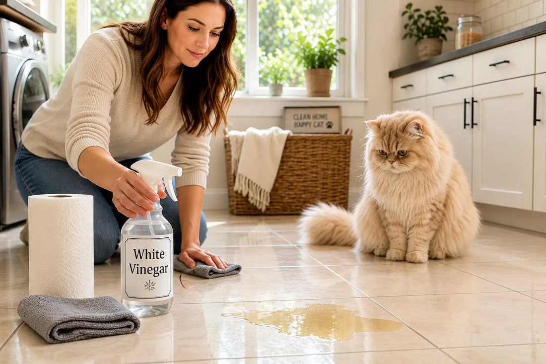 Woman cleaning fresh cat urine from a tile floor with white vinegar while a Persian cat watches nearby in a modern home.