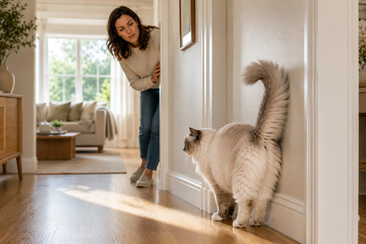 Ragdoll cat standing beside an interior wall while a homeowner quietly observes the behavior in a bright modern home