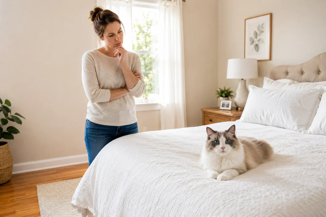 Woman wondering why cat pee smell still lingers in a clean bedroom while her Blue Bicolor Ragdoll sits calmly on the bed.