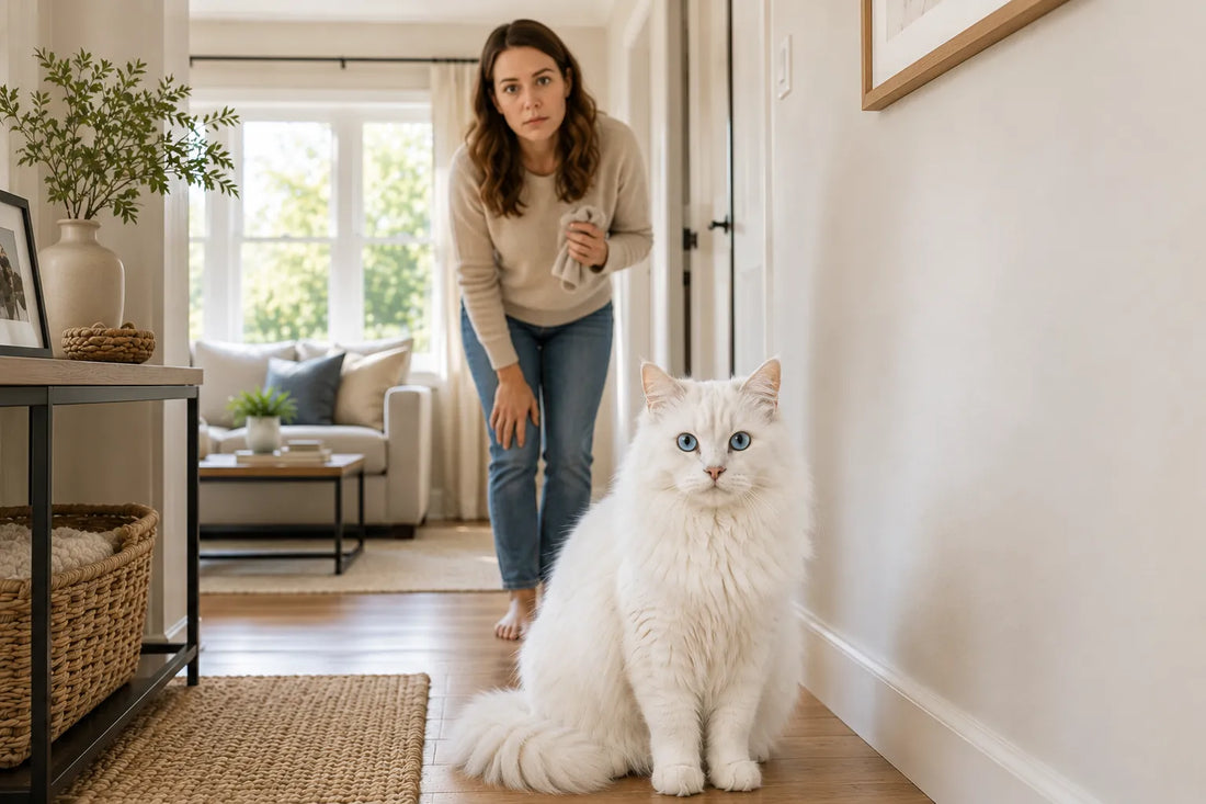 White Siberian cat with blue eyes sitting in a modern American home while its owner looks toward the camera and wonders how long cat spray smell will last.
