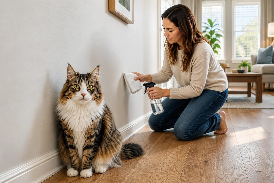 Homeowner preparing to clean cat spray from a painted wall while a Norwegian Forest Cat sits nearby in a bright modern home.