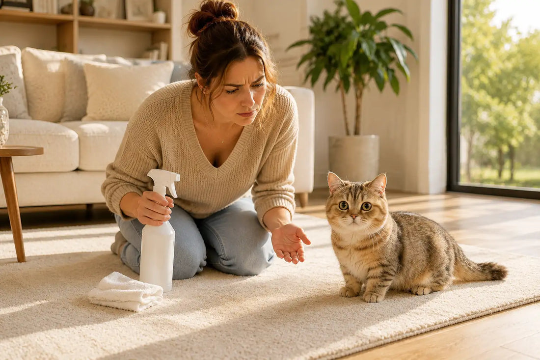 Woman inspecting a freshly cleaned carpet while a cute Munchkin cat watches in a bright modern living room, illustrating how to get rid of cat pee smell.