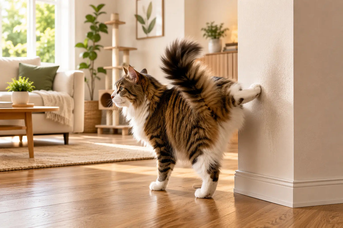 Norwegian Forest Cat spraying an indoor wall in a bright modern living room while investigating territorial marking behavior.