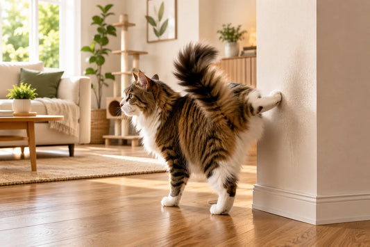 Norwegian Forest Cat spraying an indoor wall in a bright modern living room while investigating territorial marking behavior.