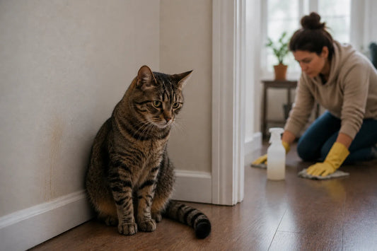 An indoor cat sitting beside a wall after spraying while its owner cleans the floor in a calm apartment hallway