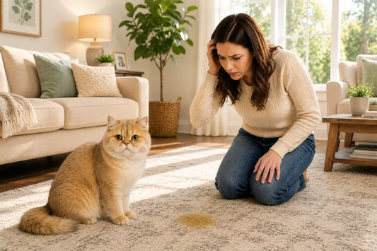 Concerned cat owner looking at a small cat urine accident on a rug while a golden-shaded cat sits nearby in a bright modern home.