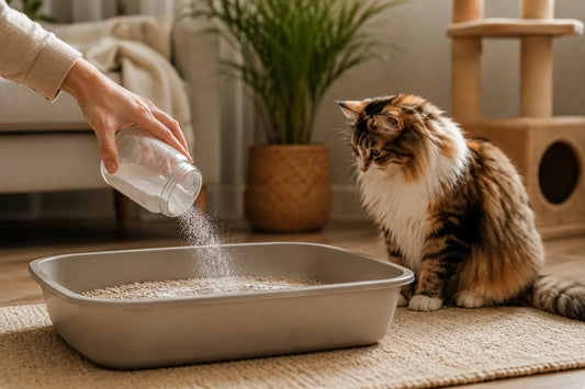 Cat owner sprinkling baking soda into litter box to help reduce cat litter odor naturally