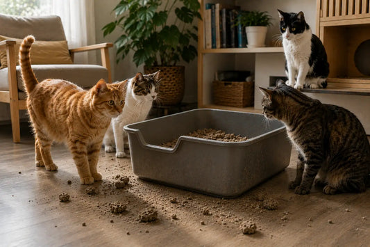Messy multi-cat litter box with scattered dirty litter clumps on apartment floor