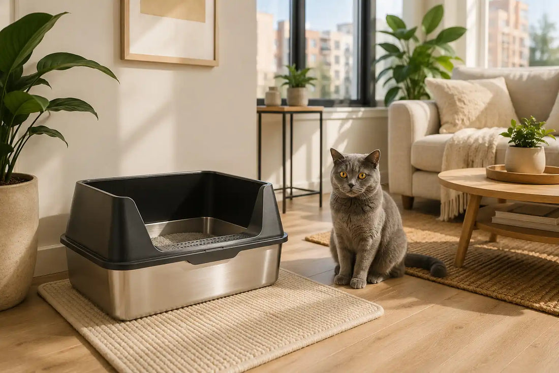Modern stainless steel litter box setup in a clean cozy apartment with a calm British Shorthair cat and natural daylight