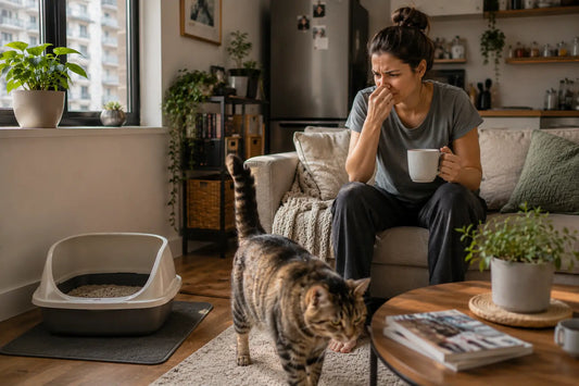 Cat owner noticing litter box odor in a small apartment living room
