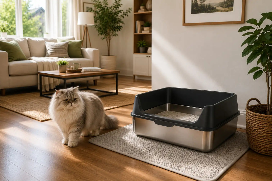 Clean litter box odor control setup in a fresh American home with a Persian cat and stainless steel litter box