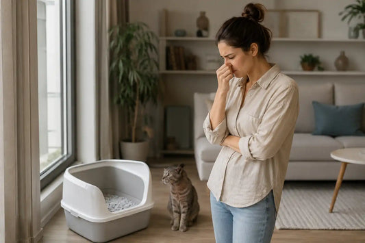 Frustrated cat owner noticing bad litter box odor in a clean modern apartment