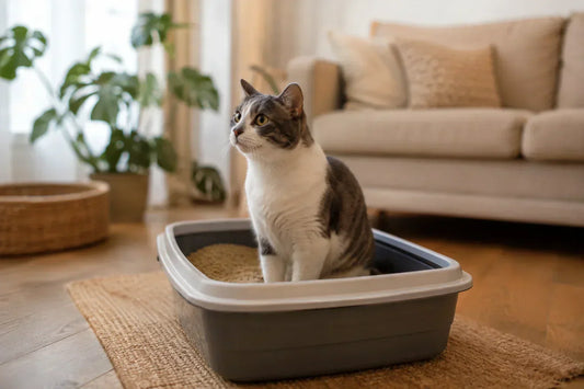Curious cat sitting inside a clean litter box in a cozy modern living room