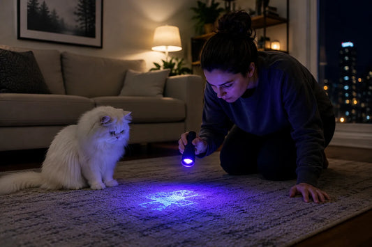 hidden cat pee in home detected with UV flashlight in modern apartment