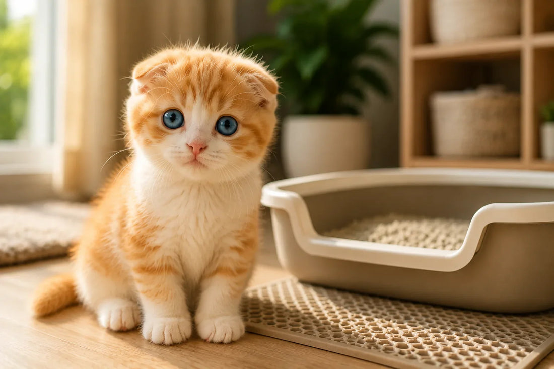 Orange and white Scottish Fold kitten with blue eyes sitting beside a litter box in a calm sunlit apartment during litter training