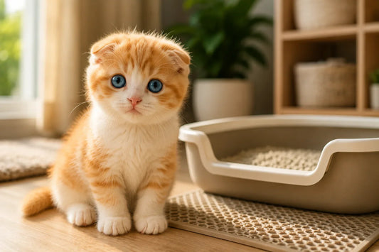 Orange and white Scottish Fold kitten with blue eyes sitting beside a litter box in a calm sunlit apartment during litter training