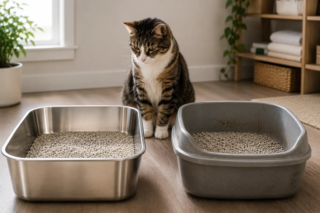 Stainless steel vs plastic litter box comparison for odor control in a clean modern home