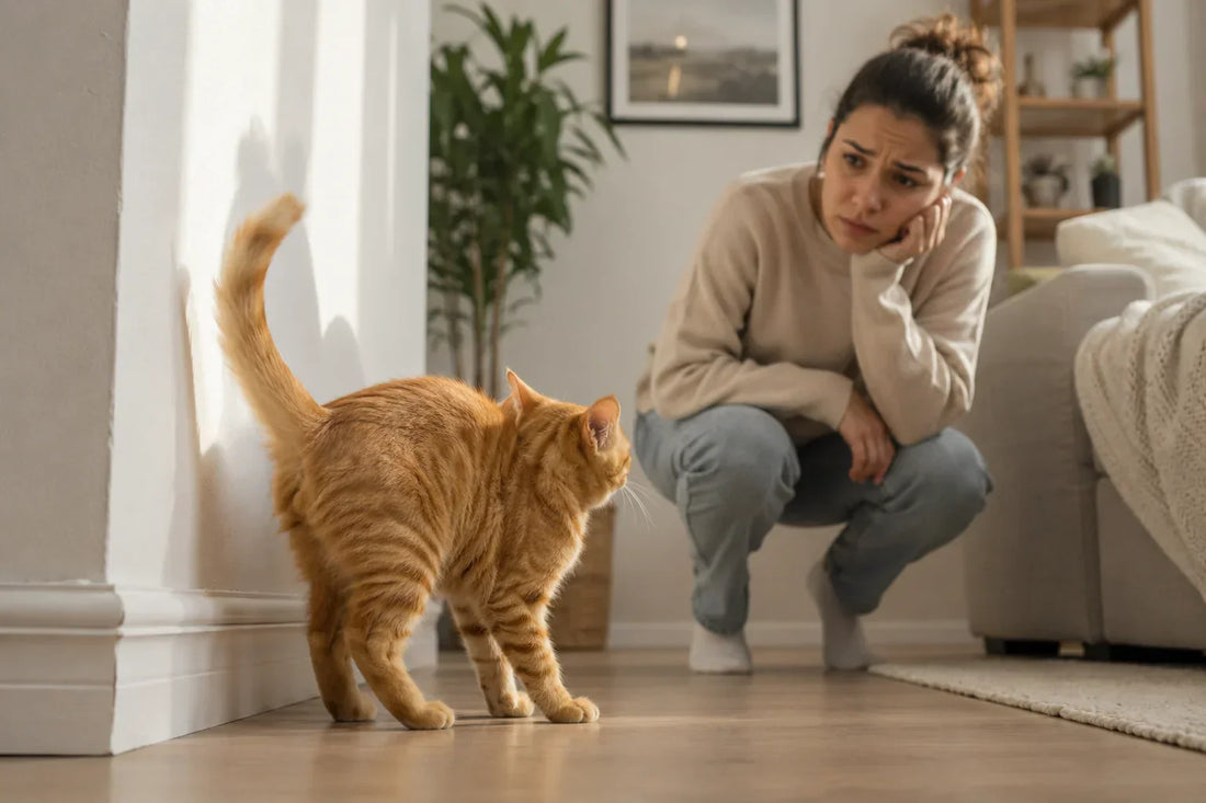 Orange male kitten showing early spraying behavior near a wall while owner watches with concern inside a modern apartment