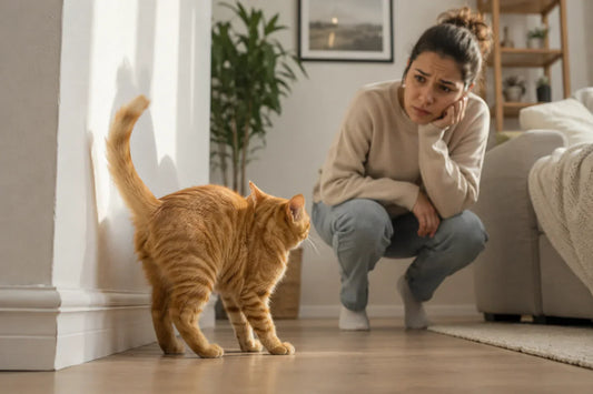 Orange male kitten showing early spraying behavior near a wall while owner watches with concern inside a modern apartment