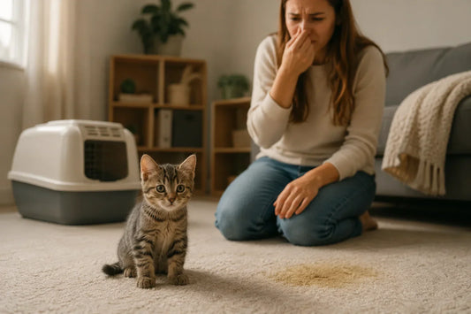 frustrated cat owner dealing with recurring cat pee smell near litter box