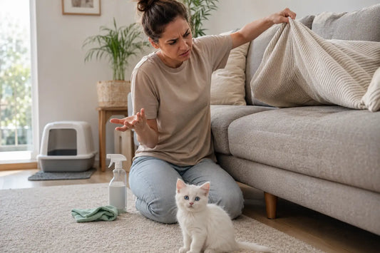 cute white blue-eyed kitten beside a litter box while owner searches for the source of lingering cat pee smell
