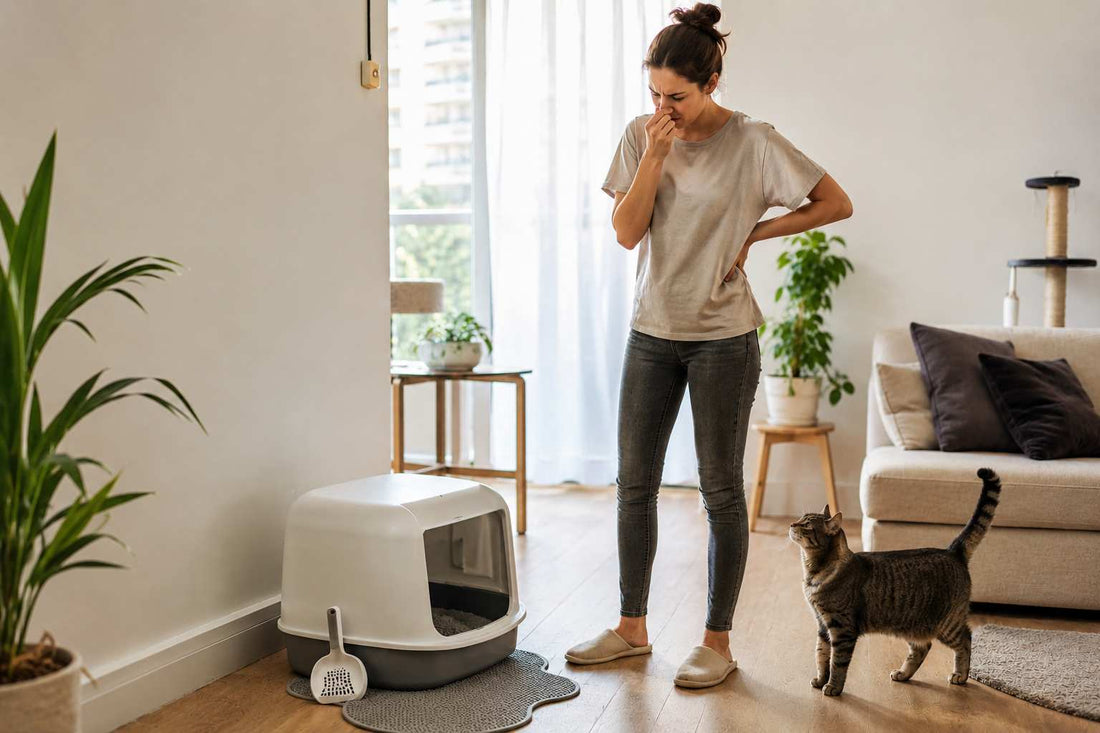 Frustrated cat owner noticing litter box smell after cleaning